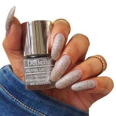 DeBelle Gel Nail Polish Estella (Silver with Black Glitter Sugar Finish Nail Paint)|Non UV - Gel Finish |Chip Resistant | Seaweed Enriched Formula| Long Lasting|Cruelty and Toxic Free| 8ml